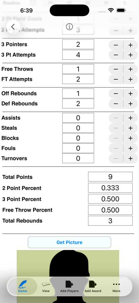 Interface of a basketball stat tracker app displaying shooting percentages and game data