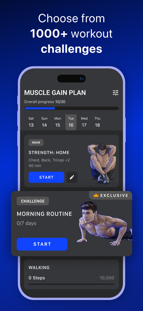 Muscle Booster app interface showing a muscle gain plan and morning routine workout challenge