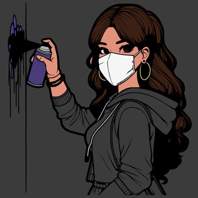 realistic girl with mask spray painting a wall