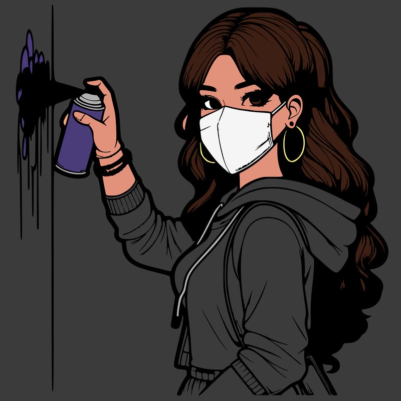 realistic girl with mask spray painting a wall