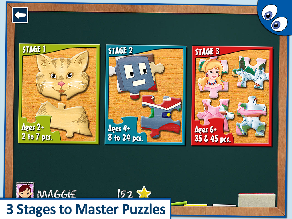 Selection screen showing three progressive puzzle stages for ages two through six