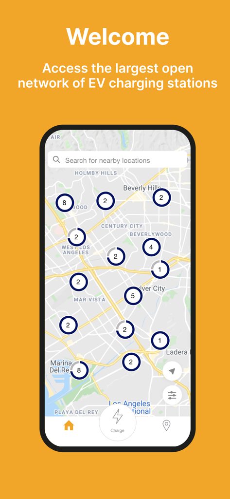 Time2Plug - Écran d'accueil de l'application Time2Plug montrant une carte des bornes de recharge pour véhicules électriques à Los Angeles
