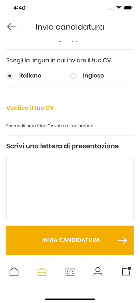 AlmaGo - AlmaGo app interface for submitting a job application including CV language selection and a cover letter text box.