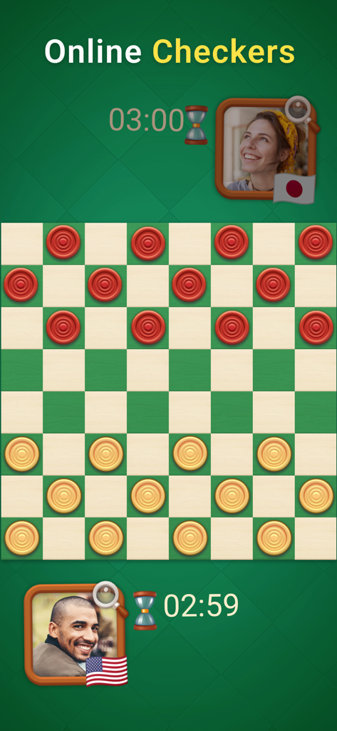 A mobile screen showing a checkers match in progress with player avatars and game timers.