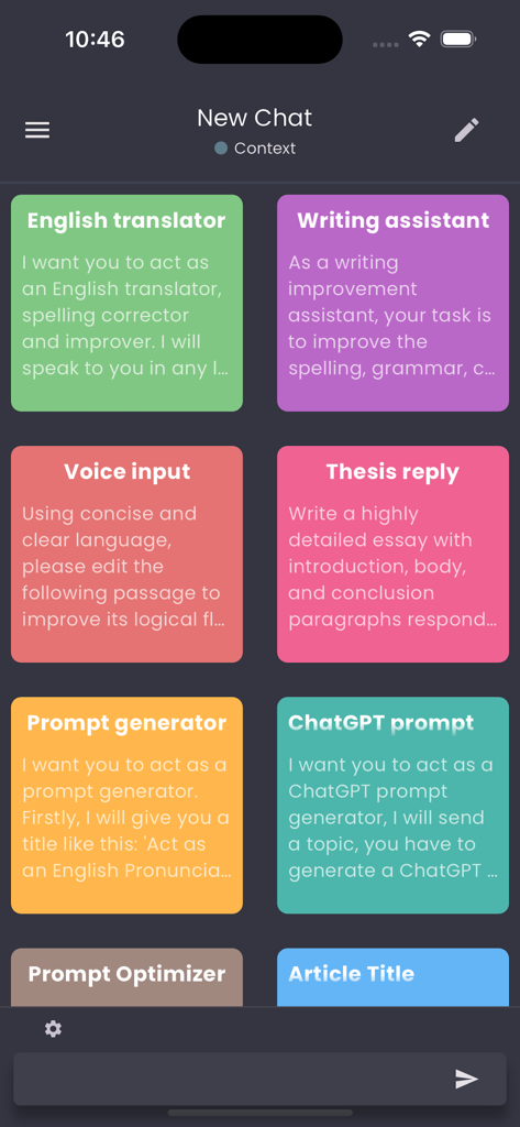 KnowBot-AI chat robot client - KnowBot-AI mobile app screen displaying various AI prompt templates for translation writing and productivity