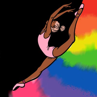 gymnast doing a leap in a leotard with a bent back leg