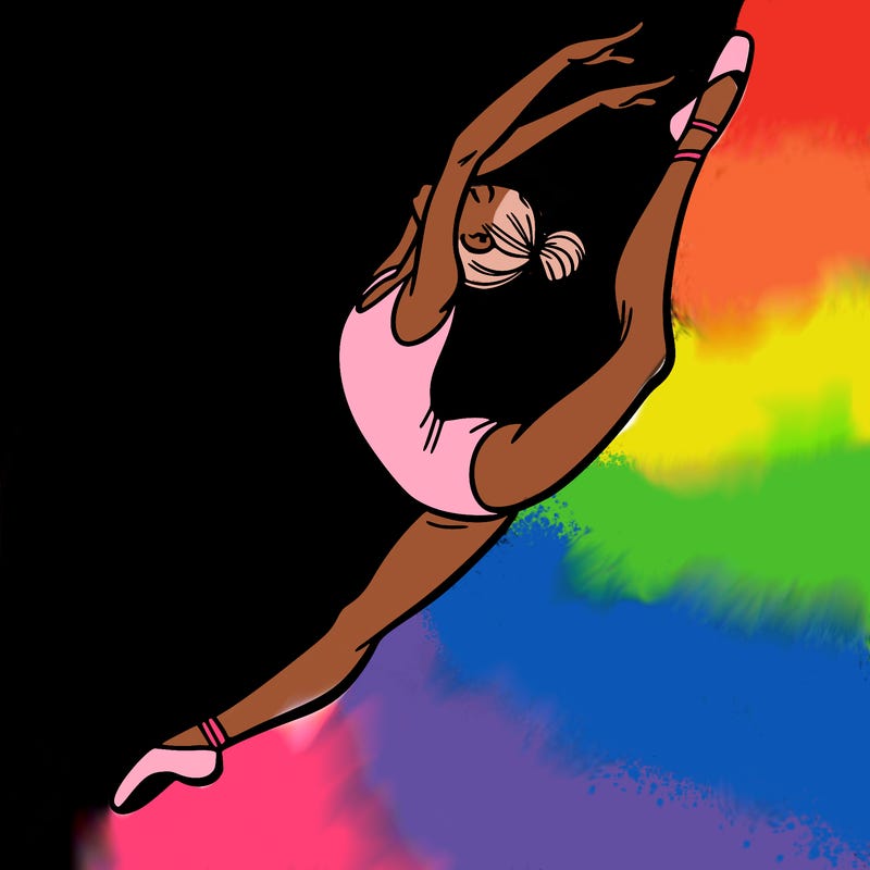 gymnast doing a leap in a leotard with a bent back leg