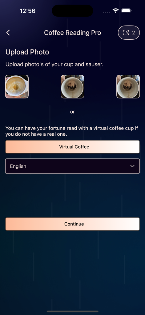 Photo upload screen for coffee cup reading with options for virtual coffee and language selection