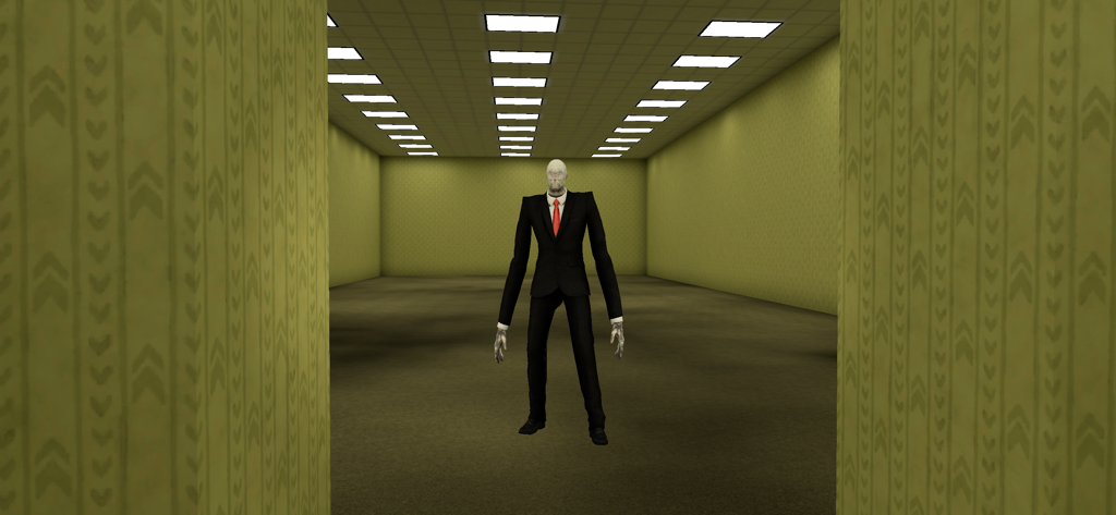 백룸의 노란 리미널 공간 방 중앙에 서 있는 슬렌더맨