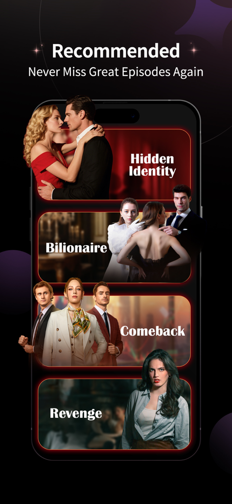 Schermata dell'app MoboShort che mostra brevi drammi consigliati nei generi miliardario e vendetta