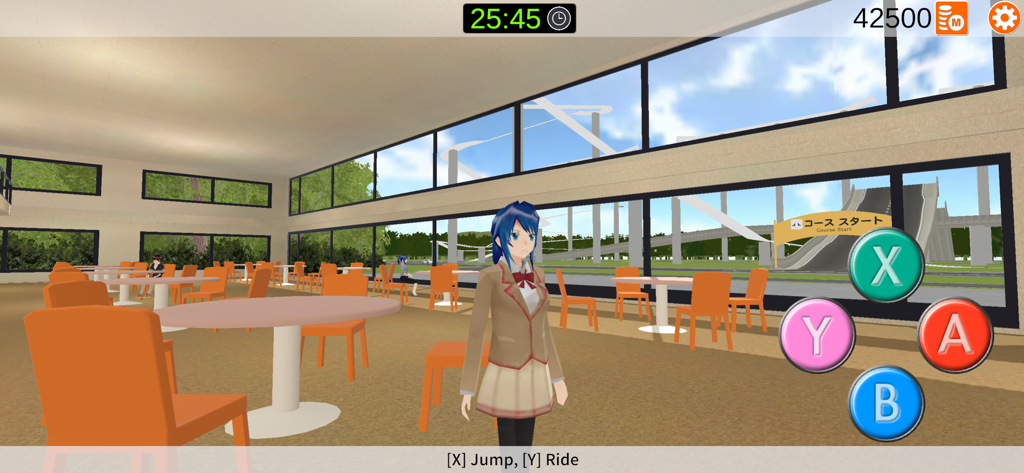 Go! Driving School Simulator - An anime style character stands in a cafeteria lounge with large windows overlooking a driving course