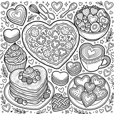 Dive into a delicious world of heart-shaped treats with this intricate coloring page designed especially for teens. Featuring everything from gourmet pizza to sweet pancakes, it's a feast for your imagination.