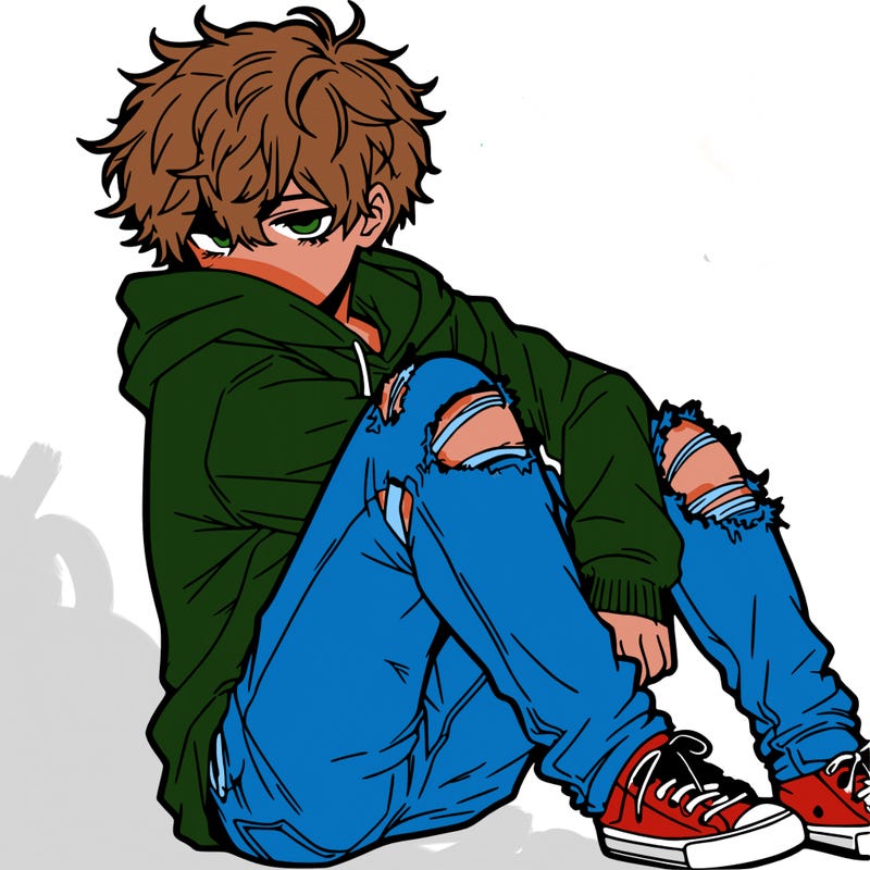 a male hoddie ripped jeans messy hair anime