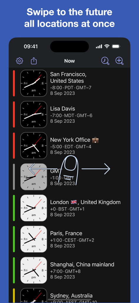 Time Intersect - World Time - Time Intersect app interface showing the swipe to the future gesture to convert time across multiple world locations simultaneously