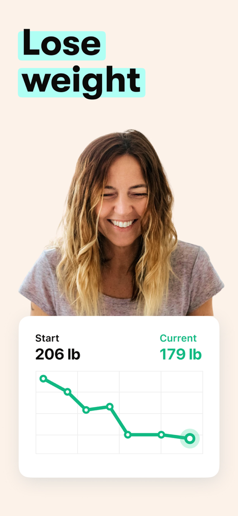 A woman smiling above a weight loss graph showing a progress from 206 pounds to 179 pounds.