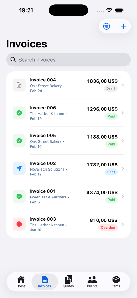 Invoice Maker & Estimate App • - Mobile app dashboard displaying a list of invoices with payment statuses like draft paid sent and overdue