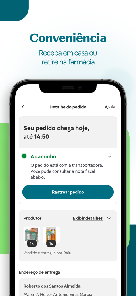Raia - Farmácia 24 horas - Raia pharmacy app showing order tracking and delivery status
