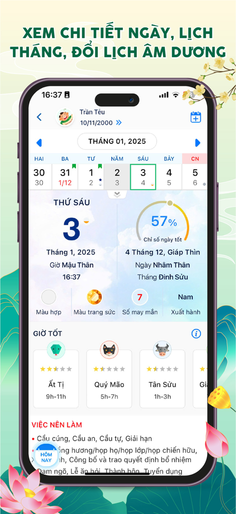 Lịch Vạn Niên 2026, Lịch Việt - Uno schermo di uno smartphone che mostra l'app Lịch Việt con date lunari e solari giornaliere e ore propizie