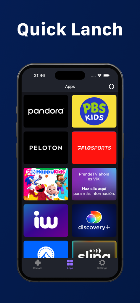 Universal : TV Remote Control - Écran d'iPhone montrant une collection d'icônes d'applications de streaming pour un lancement rapide dans l'interface de l'application de télécommande universelle pour TV