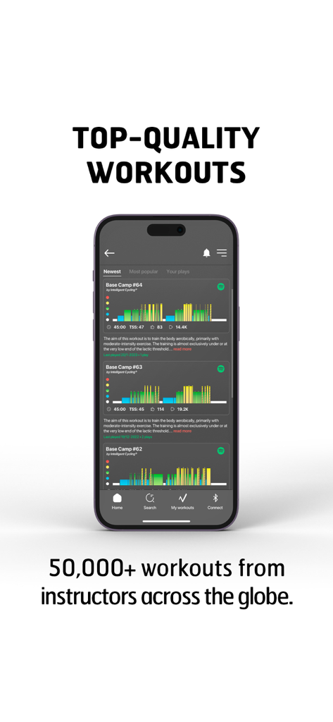 MOWL: Intelligent Training - MOWL mobile app screen displaying a list of professional indoor cycling workouts with color coded intensity charts