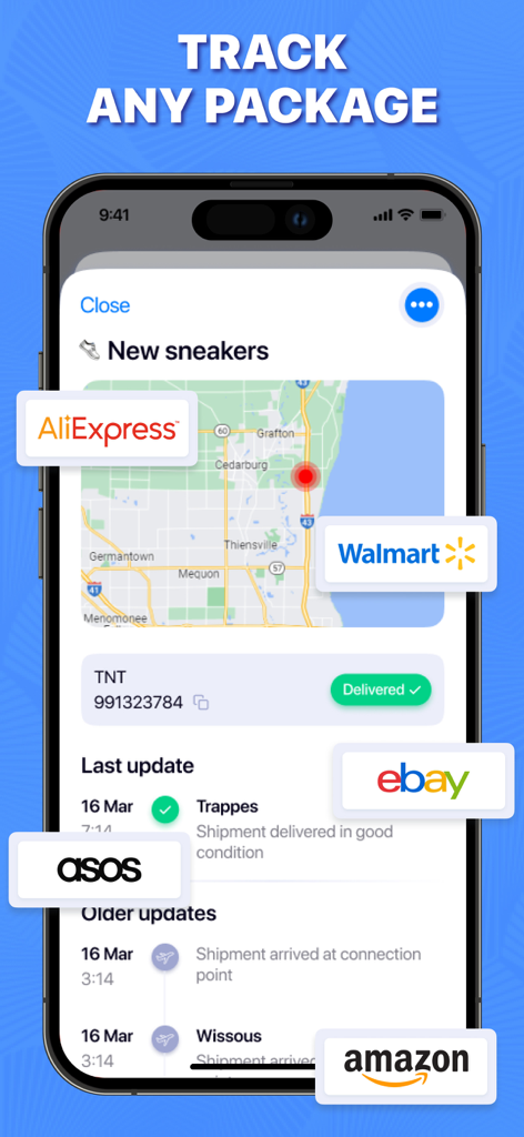 Package & Delivery Tracker - Schermata iPhone che mostra i dettagli del tracciamento dei pacchi e la mappa con i loghi dei marchi al dettaglio