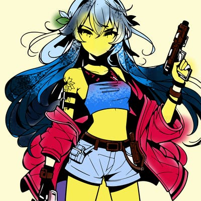 bad girl wearing crop top holding a gun long hair anime