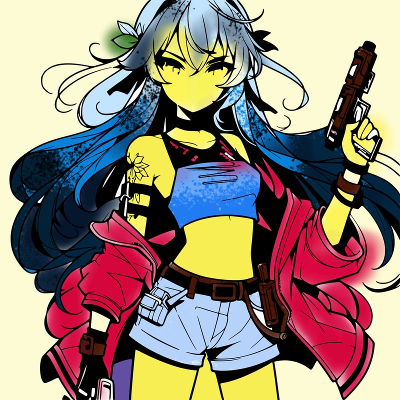 bad girl wearing crop top holding a gun long hair anime