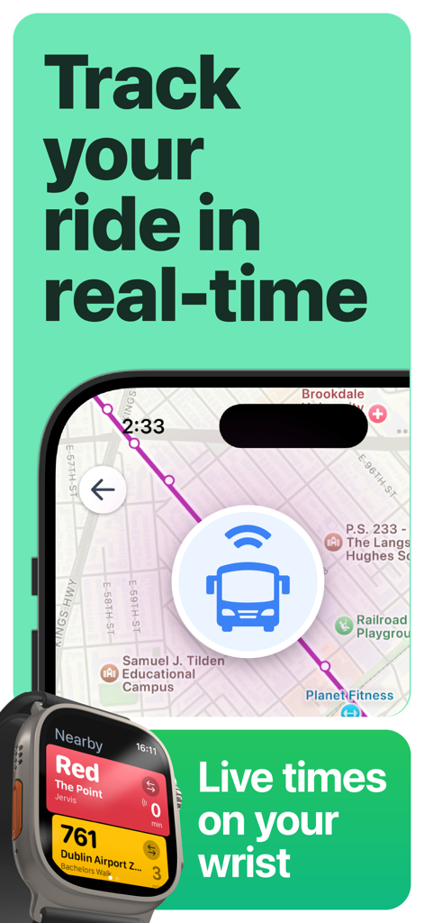 Dublin Bus & DART Times - A smartphone displaying a bus route map and an Apple Watch showing live arrival times for Dublin transit.