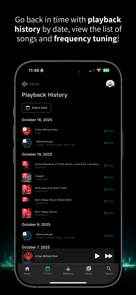 HZP (Hertz Player) - Pantalla de teléfono inteligente que muestra el historial de reproducción de la aplicación HZP con títulos de canciones y sus reafinações de frecuencia específicas