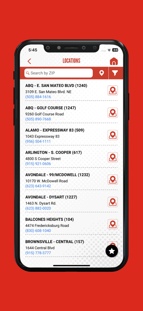 Mobile app screen showing a list of Peter Piper Pizza restaurant locations with addresses and phone numbers