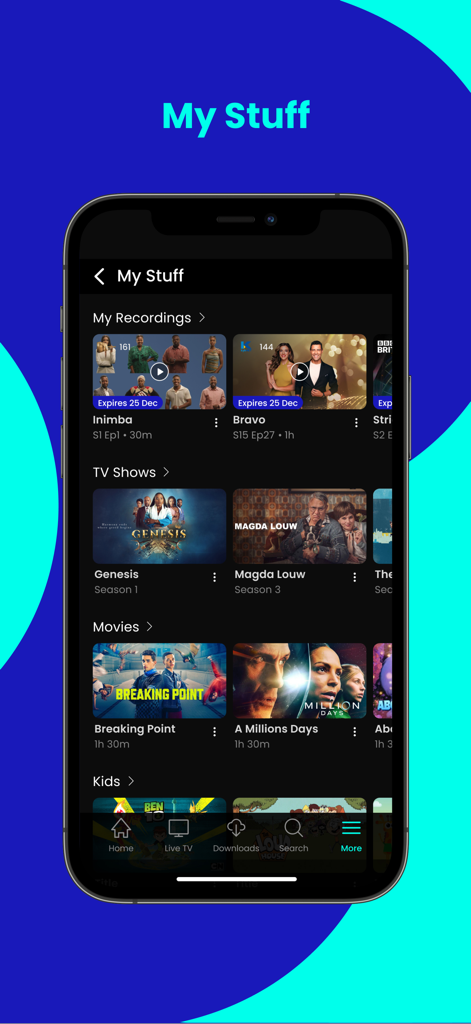 Interface da aplicação DStv Stream mostrando a secção My Stuff com categorias para gravações e programas de TV