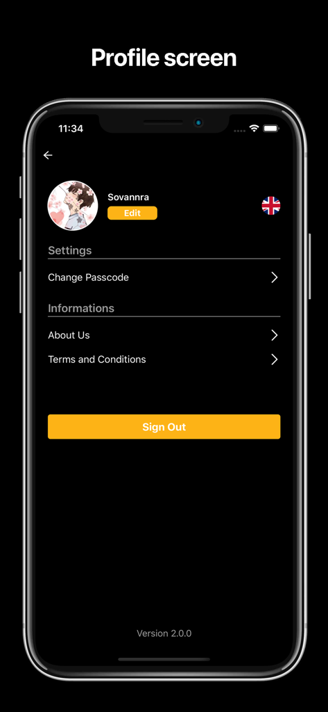 Angkor DC app profile screen showing user settings and sign out option.