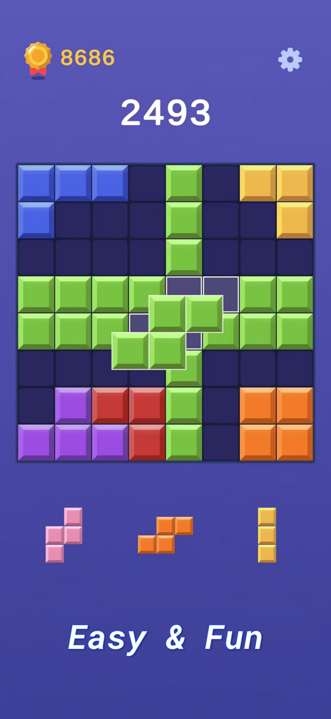 ブロッククラッシュのカラフルなブロックパズルのグリッド、簡単で楽しいゲームプレイを表示