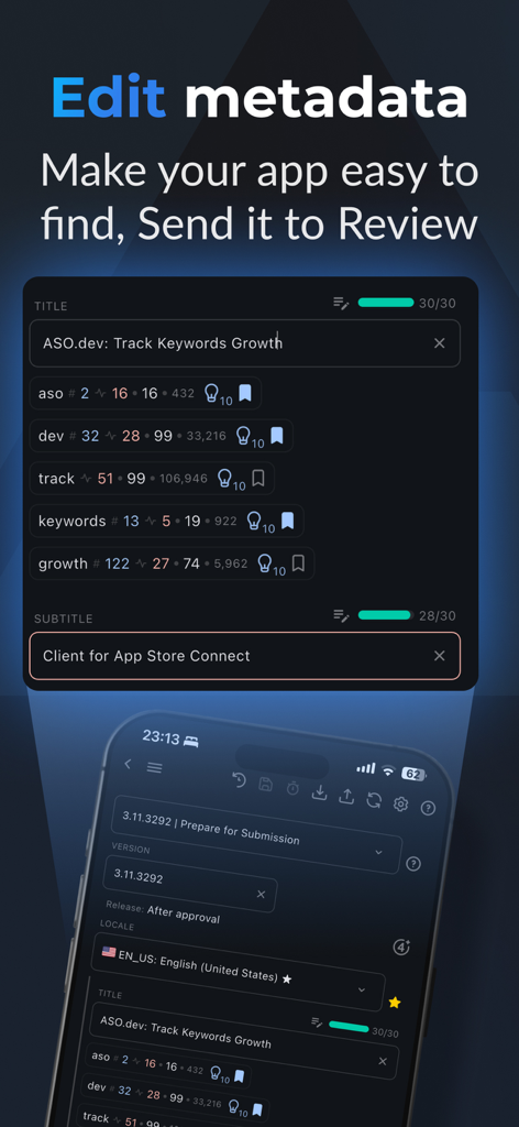 ASO.dev for AppStore Connect - ASO.dev 모바일 앱 인터페이스로, 키워드 추적 및 문자 카운터로 앱 스토어 메타데이터 편집