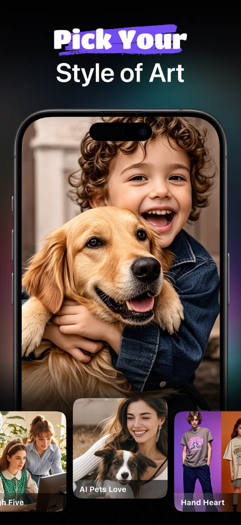 Screenshot der VidnoAi-App, die Optionen zur Auswahl des Kunststils mit einem filmreifen Bild eines Kindes zeigt, das einen goldenen Retriever umarmt
