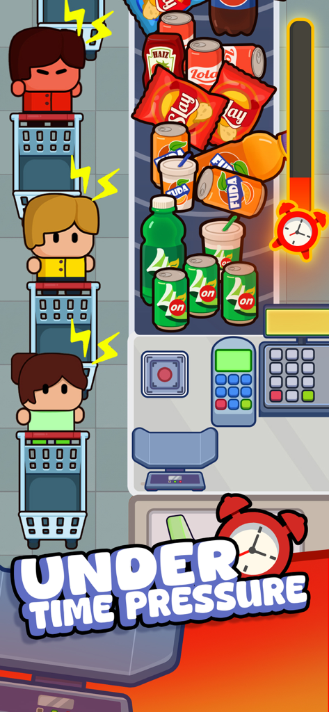 A supermarket cashier game screen showing a busy checkout line and groceries on a conveyor belt.