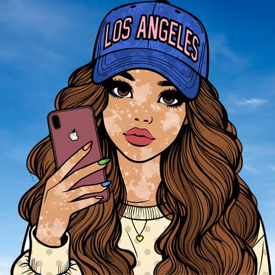 realistic beautiful girl wearing los ángeles cap holding an iphone