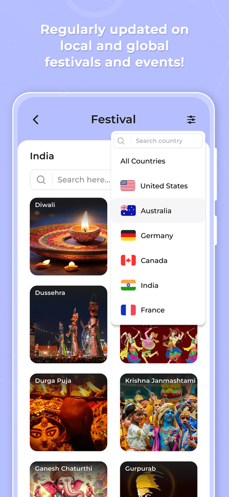GreetingAI - AI Card Maker - GreetingAI app interface showing a variety of festival greeting card templates and a global country selection menu