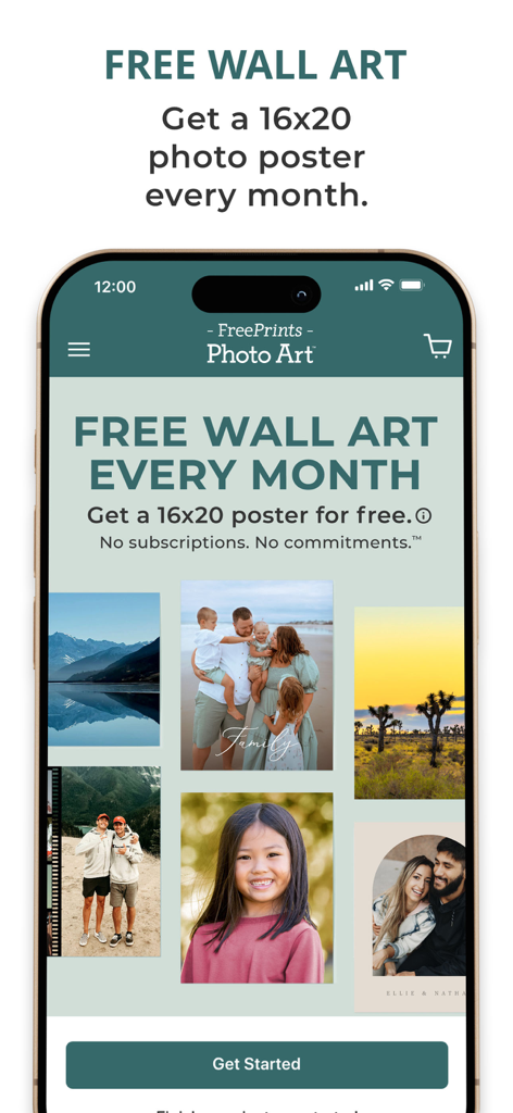 FreePrints Photo Art app interface showing a monthly free photo poster offer
