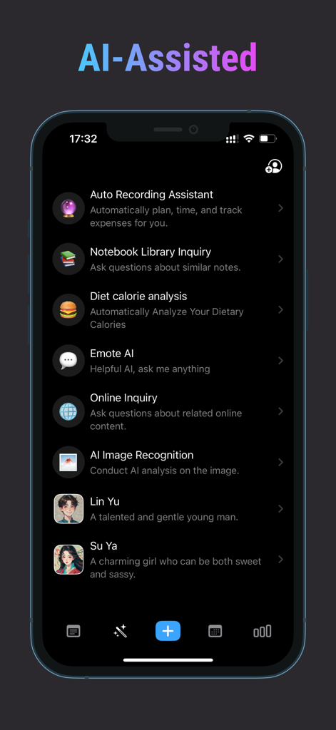 Emote - AI Note - Smartphone screen showing the AI-assisted features of the Emote app including diet analysis image recognition and virtual chat assistants