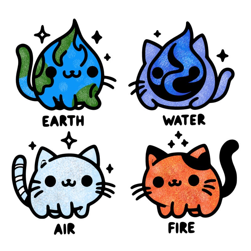 4 cats that represent the different elements, earth, water, air, and fire