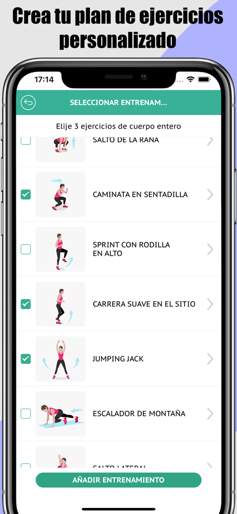 Home Exercises- No Equipment - A mobile app screen showing a list of exercises with checkboxes to create a personalized home workout plan