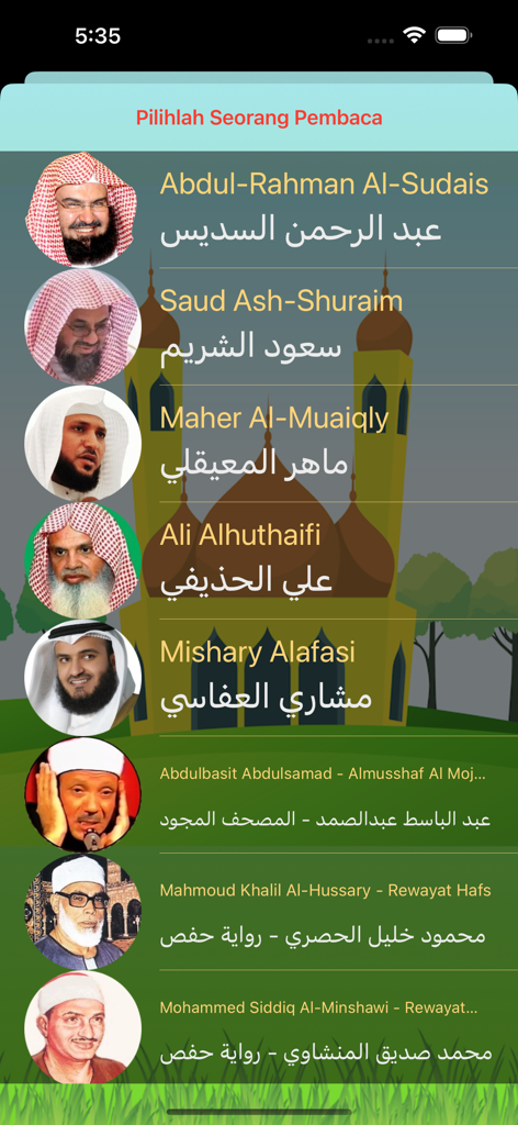 Hafalan Juz Amma Lengkap - A menu showing a list of famous Quran reciters with their photos and names in Arabic and Indonesian