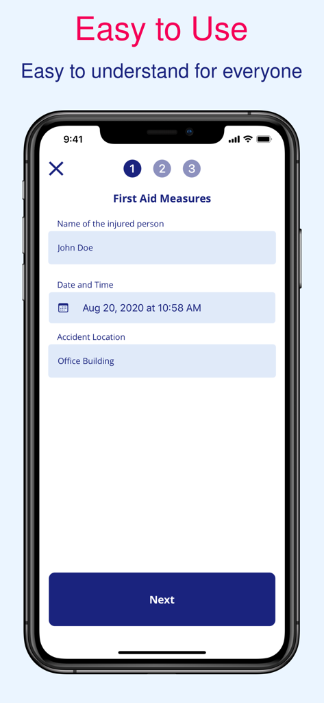 Accident book - Screenshot of the Accident book app showing a simple three step form for documenting first aid measures.