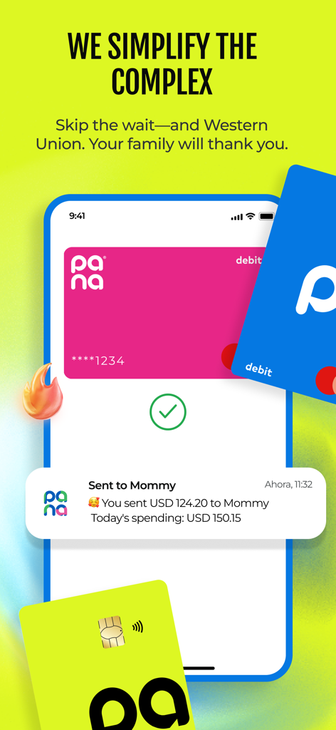 Pana app screen showing colorful debit cards and a notification for a successful money transfer to a family member
