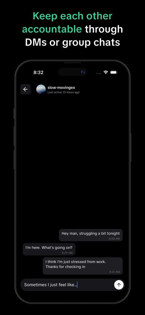 Unload: Overcome Lust with CBT - La interfaz de chat de rendición de cuentas en la aplicación Unload para apoyo entre pares.