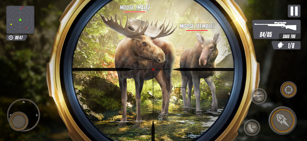 Vista de mira en primera persona de un alce macho y hembra en un entorno forestal del juego The Hunter.