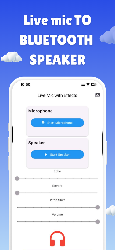 Live Mic to Bluetooh Speaker - Screenshot of the Live Mic to Bluetooth Speaker app showing microphone and audio effect controls