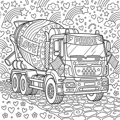 Discover our festive cement truck coloring page, a joyful tribute to Pride Month. This unique design features a construction vehicle adorned with rainbows, hearts, and symbols of love and diversity, perfect for creative expression.