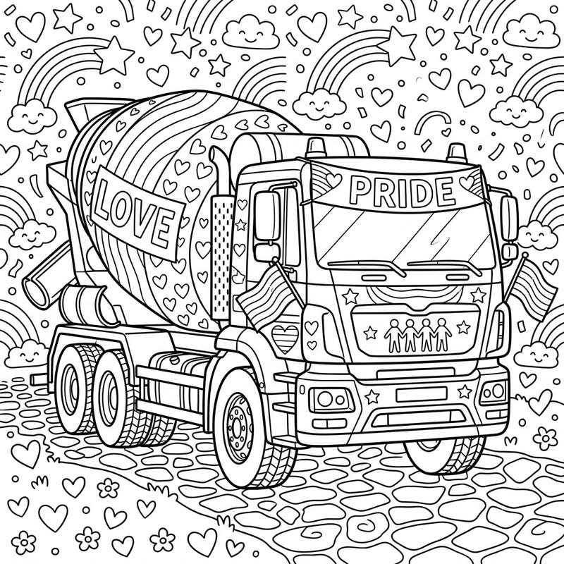 Discover our festive cement truck coloring page, a joyful tribute to Pride Month. This unique design features a construction vehicle adorned with rainbows, hearts, and symbols of love and diversity, perfect for creative expression.